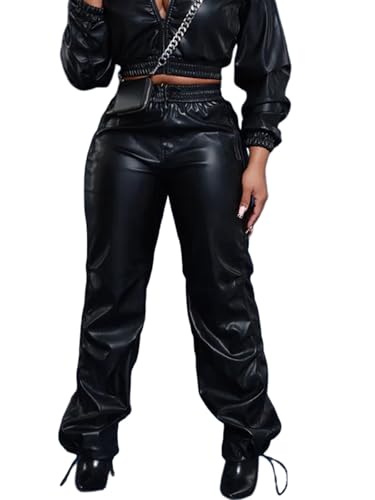 hibshaby Faux Leather High Waist Pants for Women, Trendy High Waist Trousers Black