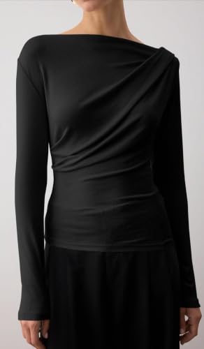Image of SIGHTBOMB SOFTLINE Asymmetric Boat Neck FRONTFLOW Gathered Waterfall Afford LUX Edition Formal WEAR Long Sleeve Feather Touch TOP for Women