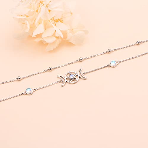 Image of Ladytree S925 Sterling Silver Boho Beach Double Layer Anklets Bracelet for Women Adjustable 9 to 11 inches