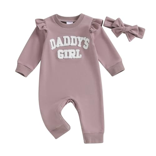 Image of Xiaodriceee Newborn Baby Girl Romper Daddy's Girl Ruffle Long Sleeve Jumpsuit Headband Infant Fall Winter Clothes (Purple, 0-3 Months)
