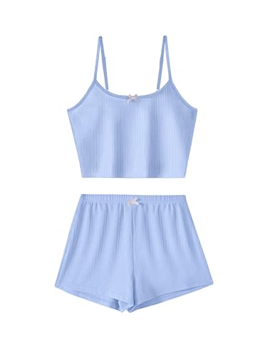 Image of Hilinker Womens Graphic 2 Piece Pajama Set Summer Cute Crop Cami and Shorts Ribbed Lounge Sets