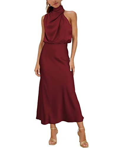 MIRGLER Vestido largo elegante y formal con cuello alto, de satén elástico, cintura alta, ceremonia, para mujer, color burdeos, S