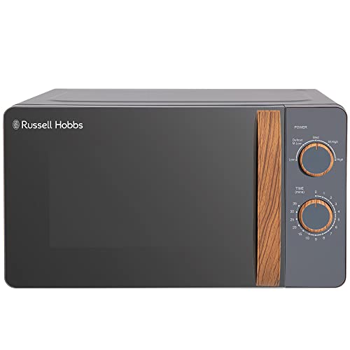 Russell Hobbs RHMM713G 17 L 700 W Scandi Compact Grey Manual Microwave with 5 Power Levels, Wood Effect Handle & Dials, Timer, Defrost Setting, Easy Clean