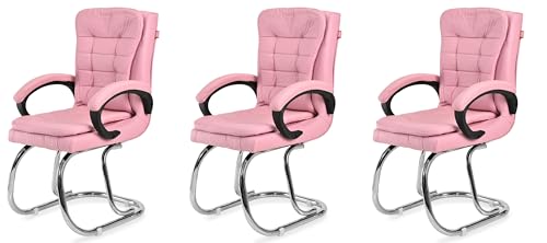 Image of GOYALSON Leatherette Double Cushion Office Guest Chair Sleek, Comfortable Seating for Visitors in Lobby, Reception (3, Pink, Double Pipe Chrome Steel Frame)