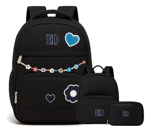 Kit Mochila De Costas, Mochilinha Lancheira e Estojo Juvenil Feminino Escolar 3 Peças (Preto)