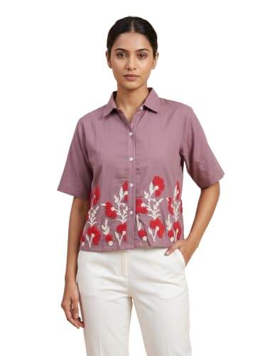 Image of Stylish Women's Embroidered Shirts | Geometric Pattern Half Sleeve Collared Button-Up Casual Shirt for Women