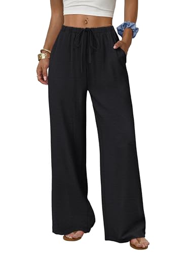 Aokosor Wide Leg Trousers for Women UK Linen Trousers Womens Flowy Palazzo Drawstring Elastic Waist Ladies Black Trousers Womens Clothing Black XL