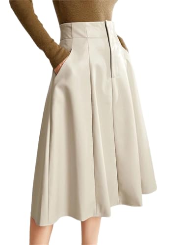 Women High Waist Faux Leather Knee Length A Line Skirt Winter Elegant Office Midi Skirt Streetwear