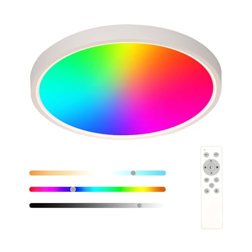 DELIPOP LED Deckenleuchte Dimmbar 30CM, 24W RGB Farbwechsel Deckenlampe mit Fernbedienung, 3000K-6500K IP44 Ultra Dünn Schlafzimmer Lampe für Wohnzimmer Kinderzimmer Küche Badezimmer