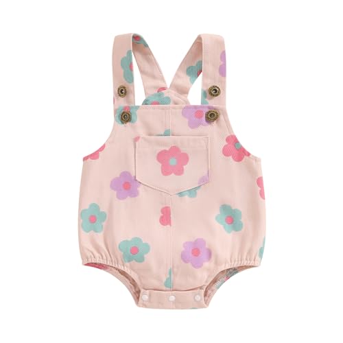 Image of HYLcryMDD Infant Baby Girl Floral Overalls Outfit Denim Bib Overalls Suspender One Piece Romper Cute Newborn Summer Clothes