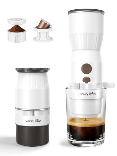 CONQUECO Cafetera Espresso Portátil 20Bar para Viajes, Máquina Café Eléctrica 2en1 Cápsulas NS y Molido, Depósito 160ml 250 Tazas USB C, 455g Ligera, Extracción 30s, para Playa Montaña (blanco)
