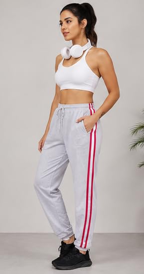 Image of London Hills Women's Regular Fit Mid Rise Cotton Blend Joggers Track Pants Striped Track Pants