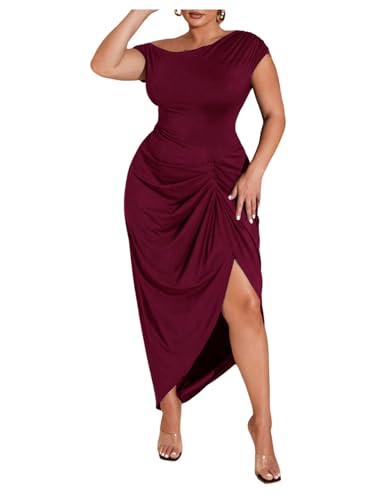 Floerns Women's Plus Size Asymmetrical Neck Long Dress Ruched Slit Hem Cocktail Dress Maroon 3X-Large Plus