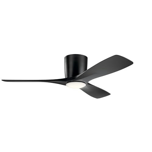 Image of Kichler Volos 48 inch Ceiling Fan With LED Light, Satin Black, 300032SBK | Wall Control, Contemporary Indoor Fan, Low Profile Ceiling Fan with Light