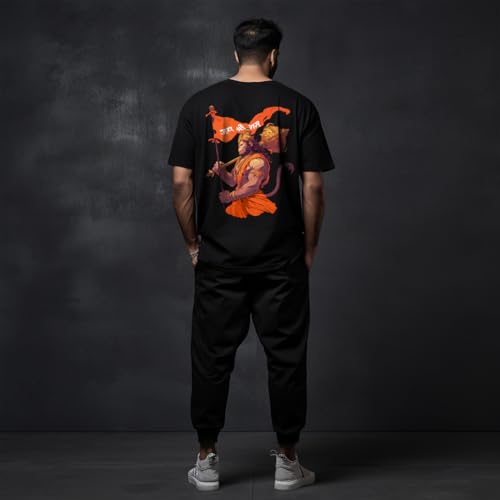 Image of prabhu bhakti Men's Oversized Jai Shri Ram Hanuman Ji Printed Black T-Shirt | Back Print Drop Shoulder Pure Cotton Oversized Tshirt for Men