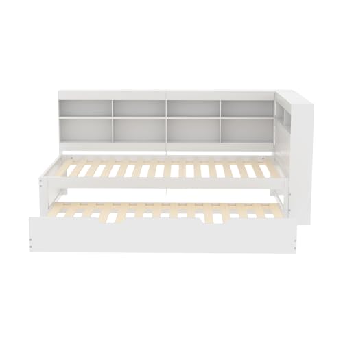 MYBOO Tagesbett Schlafsofa 90x200 cm, Holz Multifunktionsbett mit Ausziehbarem Bett 90x190 cm, USB-Steckdose und Mehreren Ablagefächern, Einzelbett Massivholzbett mit Lattenrost, Ohne Matratze, Weiß – Bild 8