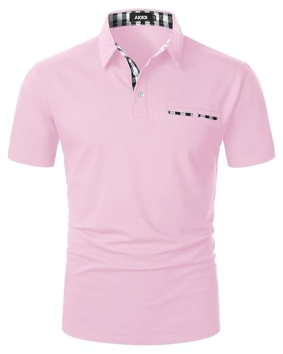 AIOIDI Polo Homme Coton Grille Manches Courtes T-Shirt Mode Pochette False Rose L