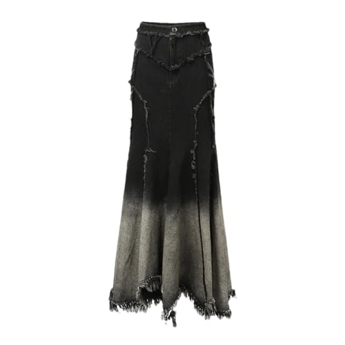 Women's Y2K Gradient Slim Fit Denim Trumpet Long Skirt High Waist Irregular Stitch Frayed Fringe Skirt