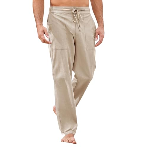 Men's Linen Beach Pants Elastic Waist Drawstring Trousers Solid Color Loose Trousers Summer Lightweight Yoga Pants3
