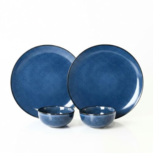 Image of Freakway Reactive Glaze Dinner Set, 4 Piece Stoneware Set, Midnight Blue, 2 Dinner Plates and 2 Serving Bowls