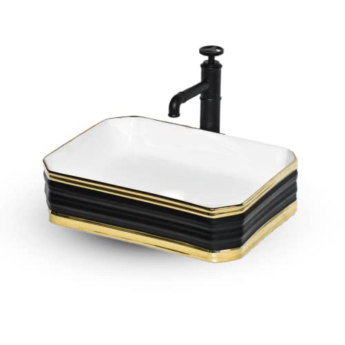 Image of InArt Premium Designer Table Top Ceramic Wash Basin /Vessel Sink for Bathroom (18 x 13.5 x 5 Inch, Gold Black, Matt Finish)