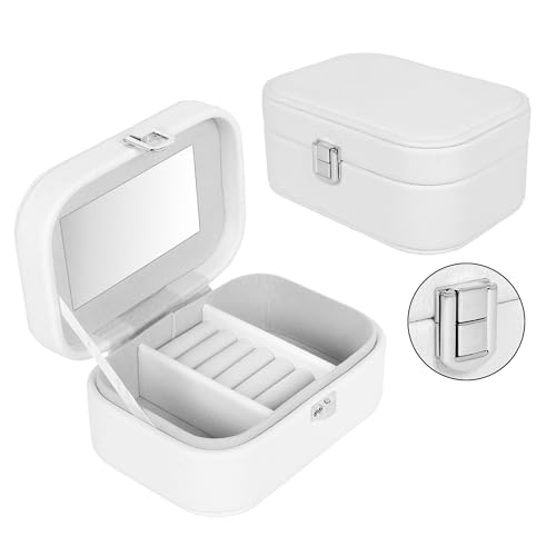 Image of BucketList PU Leather Jewellery Organizer Box with Mirror | Travel-Friendly Jewelry Storage Case with Ring Slots & Secure Lock (Travel Jewellery Box with Mirror (White))