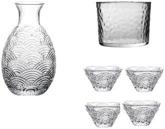 Glass Sake Set of 6 Pieces,330Ml Sake Bottle and 4 Sake Cups 1 Sake Tank,Cold/Warm/Hot Sake Carafe Home Decor Crafts (A)