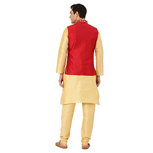 Image of SOJANYA (Since 1958 Men's Cotton Linen Maroon Kurta and White Pyjama with Mustard Cotton Nehru Jacket