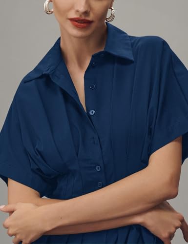 Image of Yeokou Shirt Dress for Women Summer Casual Short Sleeve Button Down Loose Pleated Maxi Sundress with Pockets