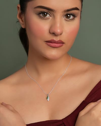Image of Clara 925 Sterling Silver Green Pendant Necklace with Chain for Women & Girls | Platinum Plated |Minimal Daily Wear | Gift for her