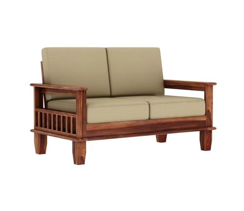 Image of PS DECOR Wooden 2 Seater Sofa Set for Living Room | Two Seater Sofa with Side Magzine & Newspaper Holder for Office & Lounge | SheeshamWood, Honey Finish