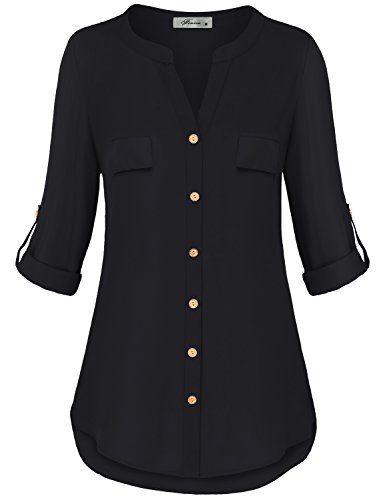 Button Down Tunic, Womens Tops Stand Banded Collar Round Neck 3 Quarter Rolled Up Sleeve Button-up Loose Fit Daily Wear Chiffon Shirts and Blouses Black XXL