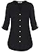 Finice Button Down Tunic Womens Tops Stand Banded Collar Round Neck 3 Quarter Rolled Up Sleeve Button-up Loose Fit Daily Wear Chiffon Shirts and Blouses Black XXL