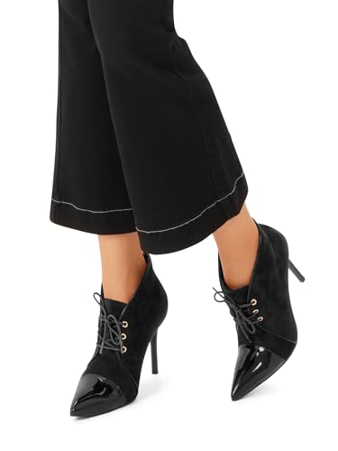 Oh Mispares Women’s Pointed Toe Booties Stiletto Heel Lace up Back Zipper Suede Patent Leather Splicing Ankle Boots 4 Inch Dress Heels3