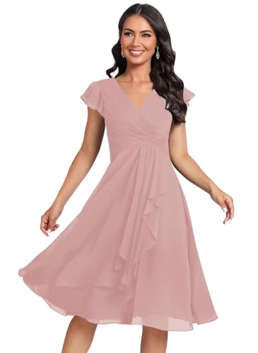 Monvelli Elegant Dusty Rose Bridesmaid Dresses Short with Pockets Ruffle