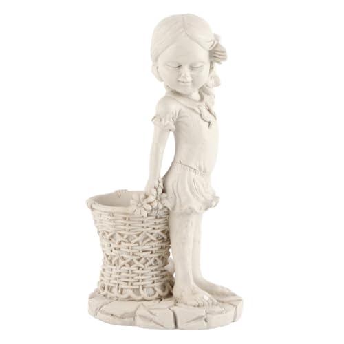 Kuuleyn Mädchen-Gartenstatue mit Pflanzgefäß, kleines Mädchen in Jacquard-Blau, dekorative Gartenfiguren für den Außenbereich, Kunstharz, Kunsthandwerk, weißes, handgegossenes