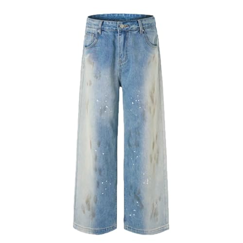 Men’s Niche Design Denim Pants, Splash-Ink, Casual Streetwear, Straight Leg Loose Male Jeans