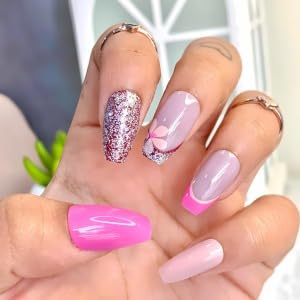 Image of Pink Ombre Glitter Press On Nails | Glossy Coffin Shape Fake Nails | French Tip & Sparkle Design | Reusable Stick On Nails with Glue Kit
