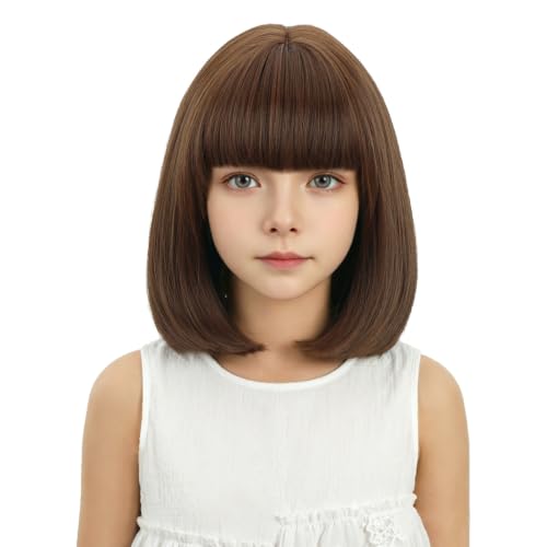 Edivd Kids Brown Bob Wig Girls Short Honey Brown Bob Wig with Bangs Dark Brown Bob Wig for Child Heat Resistant Synthetic Wig with Wig Cap