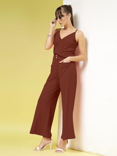 Oomph Women's Stretchable Lycra Top And Trouser Pant Set |Two Piece Co-Ord Set | Wester Wear Regular Fit | Stylish Multipurpose Top - Bottom Pair - Brown