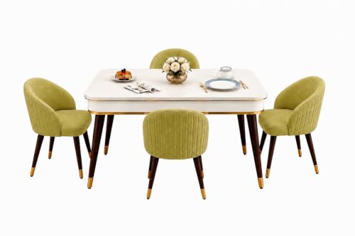 Image of WOODEN SPACE 4 Seater Wooden Dining Table Set | Urban Marble Top Dining Table with Chairs for Dining Room & Kitchen (Majestic Classic Backline Light Green) (42 x 42 x 30 inch)