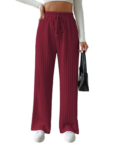 Knit Pants for Women, Ribbed Pants, Wide Leg Lounge Pants for Women, Elastic Waist Straight Leg Sweatpants