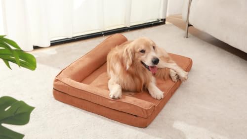 Image of Rainmr Microsuede Dog Bed Orthopedic Washable - Small Medium XLarge Dogs - Memory Foam Couch Sofa with Waterproof Removable Cover, 44x32 Inches, Khaki