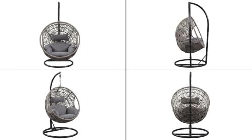 Image of UNIVERSAL FURNITURE Hanging Egg Swing Chair with Stand, Woven Wicker Rattan Style Swing with Cushion, Freestanding Indoor Outdoor Hanging Chair for Patio, Balcony, Garden & Porch (Beige & Grey)