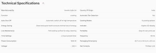 Image of Havells Induction Cooktop Stove EVO Cook PB16 1600 Watt (3 year warranty, Black)