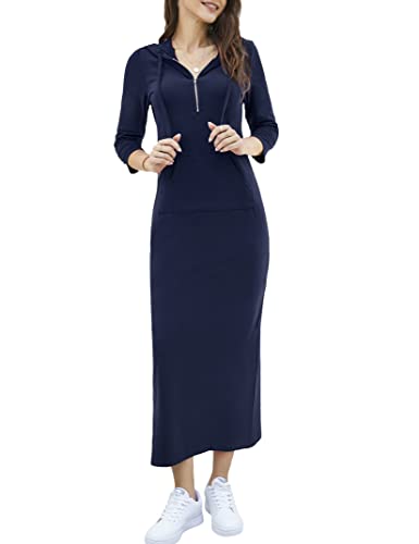 Image of MISSKY Women Casual Pocket Quarter-Zip Neck 3 /4 Sleeve Slim Split Pullover Hoodie Maxi Dress