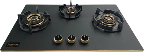 Image of Hindware Ivana 3B 75CM,Built in Hob With Flame Failure Device,Frost Glass with Golden Coated SS Strips,Gold Metallic Finish & Jet Black Knobs,Stainless Steel Automatic Hob(3 Burners),?1400 Watts