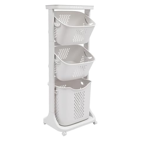 WPORDE Movable Laundry Basket, 3-Tier Rolling Laundry Sorter Dirty Clothes Hamper with Removable Storage Basket & Ventilation Holes for Closet Dorm, Laundry Room, Bedroom, White Cover