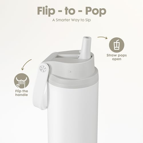 Image of Meoky 24 oz Insulated Water Bottle: Flip-to-Pop Straw, Leak Proof, 24H Cold, Fits in Car Cup Holder, Wide Mouth, BPA-Free, Metal Water Bottle for Travel Sports Gym Backpack, Pearl