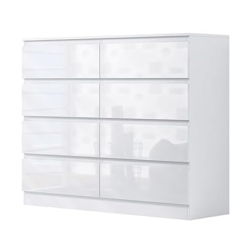 FWStyle White Gloss Large 8 Drawer Chest of Drawers. White Bedroom Furniture. Under drawer support bars. Scratch resistant.